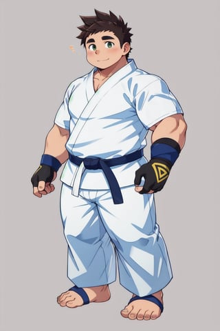 ((1boy_only, young, (solo), feet in white foot protectors, foot wraps)), (chubby:1.5, stocky:1.2, round_face), ((white judo gi)), ((dougi)), barefoot, ((long pants)), (bara:1.3), (buzz_cut:0.4), full body shot, ((cool, cute, awesome)), (fingerless gloves), (front_view), (chubby_face:0.8),Male focus, standing_idle,ankle brace,foot protector,best quality