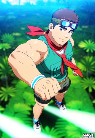 ((1male, scout, solo, male focus)), (chubby:0.8), (bara:1.4), ((goggles on forehead, green vest, red neckerchief, jungle)), short hair, crew cut, ((full body)), (cool, awesome), ((anime, (3d:0.5), best quality, best aesthetic, high res)),man, masterpiece