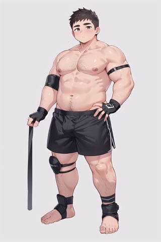 ((1boy_only, boxer, (solo), black foot protectors, foot wraps)), (chubby:1.5, stocky:1.2, round_face, black ankle braces, topless), ((boxer_shorts)), barefoot, (bara:1.7), buzz_cut, full body shot, ((cool, cute, awesome)), (fingerless gloves), (front_view), (chubby_face:0.8),Male focus, standing_idle,ankle brace,foot protector,best quality,toeless footwear