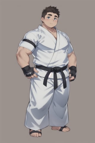 ((1boy_only, young, (solo), ankle brace, foot wraps)), (chubby:1.5, stocky:1.2, round_face), ((white judo gi)), ((dougi)), barefoot, ((long pants)), (bara:1.3), buzz_cut, full body shot, ((cool, cute, awesome)), (fingerless gloves), (front_view), (chubby_face:0.8),Male focus, standing_idle,ankle brace,foot protector,best quality,realistic,character, masterpiece