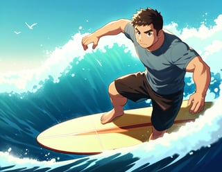 ((1male, solo, male focus, confident, surfing in wave)), (chubby:1.2), (bara:1.4), (stocky), ((tshirt, trunks, barefoot, surfing board)), short hair, crew cut, (cool, awesome), ocean background, best quality, ((flat anime, cartoon, masterpiece, best aesthetic, absurdres, highly detailed)), soft shaded