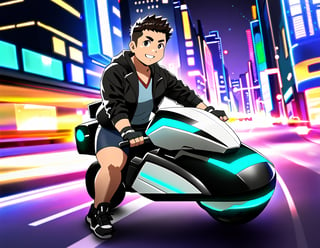 ((1male, solo, male focus, riding hoverbike, grin smile)), (bara:1.4), (chubby:1.0), stocky, outdoor, night, street, futuristic, neon stripes, goggles, fingerless gloves, (cool, awesome, crew cut), ((flat anime, best quality, best aesthetic, high res)),girl,masterpiece