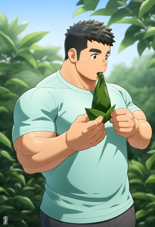((1male, solo, male focus, eating zongzi, loquat leaves)), (bara:1.4), (chubby:1.0), (stocky), outdoor, ((t-shirt, long pants)), (cool, awesome, crew cut), ((flat anime, best quality, best aesthetic, high res)),girl,masterpiece