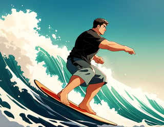 ((1male, solo, male focus, confident, surfing in wave)), (chubby:1.2), (bara:1.4), (stocky), ((tshirt, trunks, barefoot, surfing board)), short hair, crew cut, (cool, awesome), ocean background, best quality, ((flat anime, cartoon, masterpiece, best aesthetic, absurdres, highly detailed)), soft shaded
