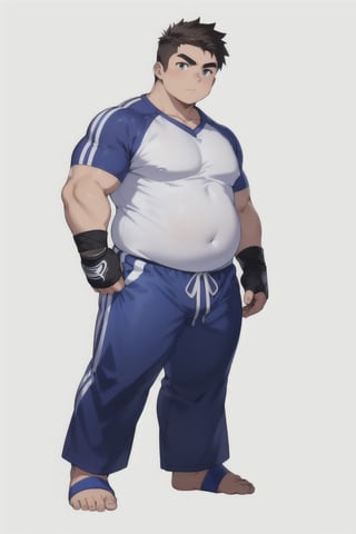 ((1male, fighter, long pants, feet in ankle braces, solo)), (chubby:1.0, bara stocky:1.3, round_face, serious look), (buzz_cut:0.75), full body shot, ((cool, cute, awesome)), (fingerless gloves, (blue ankle brace, sportsgear, foot wrap)), (front_view), (chubby_face:0.8),male focus, standing_idle,best quality, masterpiece,ankle brace, intricate details,Anime