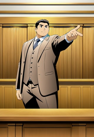 ((1male, solo, male focus, left hand spread out, point)), ((bara)), (chubby:1.0), stocky, lawyer, brown suit vest, stand behind a long desk, courtroom, (cool, awesome, crew cut), ((flat anime, best quality, best aesthetic, high res))
