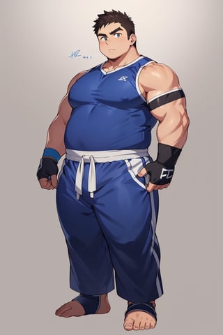 ((1male, fighter, long pants, feet in ankle braces, solo)), (chubby:1.0, bara stocky:1.3, round_face, serious look), (buzz_cut:0.75), full body shot, ((cool, cute, awesome)), (fingerless gloves, (blue ankle brace, sportsgear, foot wrap)), (front_view), (chubby_face:0.8),male focus, standing_idle,best quality, masterpiece,ankle brace, intricate details,Anime