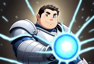 ((1boy, solo, male focus, normal look, energy wave)), (bara:1.4), (chubby:1.0), stocky, (round_face), ((tech armor, gauntlet)), (energy power, aura), (cool, awesome, very short hair), ((flat anime, best quality, best aesthetic, high res)),masterpiece