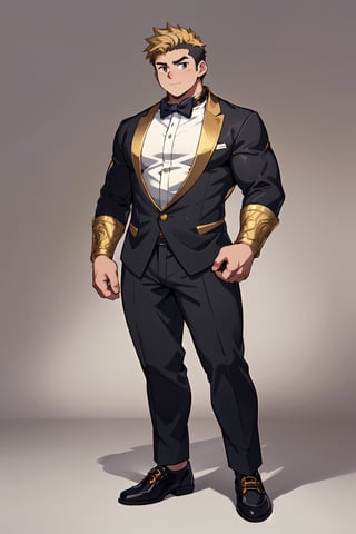 ((1male, solo, male focus, front view)), (chubby:1.0), (bara:1.4), ((black suit, golden collars, golden liners, golden sleeves, golden bowtie)), short hair, crew cut, ((full body)), (cool, cute, awesome), anime, best quality, best aesthetic, high res,man, masterpiece, intricate details,Anime