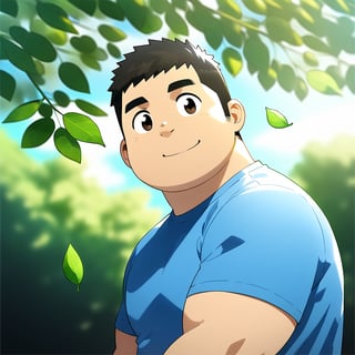 ((1male, solo, male focus, blue t-shirt)), (chubby:1.0), (bara:1.4), (stocky), short hair, crew cut, ((half body)), (cool, cute, awesome), round face, summer, poplar leaf, outdoor, best quality, flat anime, masterpiece, best aesthetic, absurdres