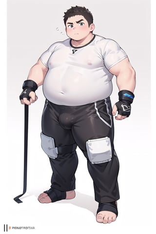 ((1boy_only, boxer, long pants, feet in foot protectors, solo)), (chubby:1.0, bara stocky:1.3, round_face, serious look), (buzz_cut:0.75), full body shot, ((cool, cute, awesome)), (fingerless gloves, (white foot protectors, foot wrap)), (front_view), (chubby_face:0.8),male focus, standing_idle,best quality, masterpiece,ankle brace,foot protector, intricate details