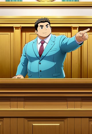 ((1male, solo, male focus, left hand spread out, point)), ((bara)), (chubby:1.0), stocky, lawyer, cyan suit vest, stand behind a long desk, courtroom, (cool, awesome, crew cut), ((flat anime, best quality, best aesthetic, high res))
