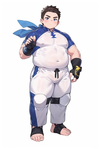 ((1boy_only, fighter, long pants, feet in foot protectors, solo)), (chubby:1.0, bara stocky:1.3, round_face, serious look), (buzz_cut:0.75), full body shot, ((cool, cute, awesome)), (fingerless gloves, (white foot protectors, foot wrap)), (front_view), (chubby_face:0.8),male focus, standing_idle,best quality, masterpiece,ankle brace,foot protector, intricate details