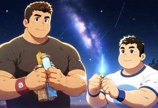 ((2boys with distinct appearances, male focus, buddies)), (bara:1.4), (chubby:1.0), stocky, (round_face), ((t-shirt with patterns, trinket, wristband)), (night, starry sky, riverbank, shooting stars), (cool, awesome, crew_cut), (close up:0.9), ((flat anime, best quality, best aesthetic, high res)),masterpiece
