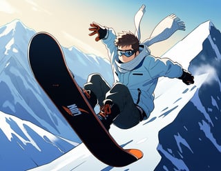 ((1male, solo, male focus, confident, snowboarding in air, Indy Grab, acrobatic)), (chubby:1.2), (bara:1.4), (stocky), ((snow jacket, woolen scarf, goggles down, boots, snowboard)), short hair, crew cut, (cool, awesome), snow mountain background, best quality, ((flat anime, cartoon, masterpiece, best aesthetic, absurdres, highly detailed)), soft shaded