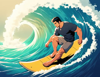 ((1male, solo, (mature male, beard, sideburns), male focus, confident, surfing in wave)), (chubby:1.0), (bara:1.4), (stocky), ((tshirt, trunks, barefoot, surfing board)), short hair, crew cut, (cool, awesome), ocean background, best quality, ((flat anime, cartoon, masterpiece, best aesthetic, absurdres, highly detailed)), soft shaded