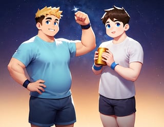 ((2boys, male focus, buddies, laughters)), (bara:1.3), (chubby:1.1), stocky, (round_face), ((t-shirt with patterns, trinket, wristband, short pants)), (night, starry sky, shooting stars), (cool, awesome, crew_cut), (close up), ((flat anime, best quality, best aesthetic, high res)),masterpiece