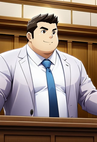 ((1male, solo, male focus, point out)), ((bara)), (chubby:1.0), stocky, lawyer, stand behind a desk, courtroom, (cool, awesome, crew cut), ((flat anime, best quality, best aesthetic, high res))