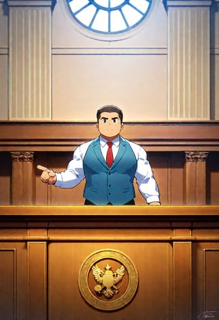((1male, solo, male focus, left hand point out)), ((bara)), (chubby:1.0), stocky, lawyer, cyan vest, stand behind a long desk, courtroom, (cool, awesome, crew cut), ((flat anime, best quality, best aesthetic, high res))