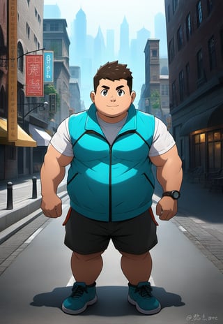 ((1male, adventurer, solo, male focus)), (chubby:0.8), (bara:1.4), ((cyan vest, short pants, city)), short hair, crew cut, ((full body)), (cool, awesome), ((flat anime, best quality, best aesthetic, high res)),man, masterpiece