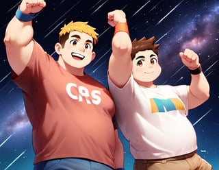 ((2boys, male focus, buddies, laughters)), (bara:1.3), (chubby:1.1), stocky, (round_face), ((t-shirt with patterns, trinket, wristband, short pants)), (night, starry sky, shooting stars), (cool, awesome, crew_cut), (close up), ((flat anime, best quality, best aesthetic, high res)),masterpiece