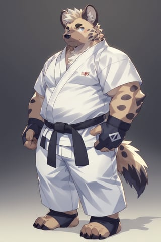 ((1boy, solo, hyena), serious look), (chubby stocky:1.0), ((white karate gi)), barefoot, ((long pants)), (bara:1.4), buzz_cut, full body shot, ((cool, cute, awesome)), (blue fingerless gloves), (chubby_face:0.8), Male focus, best quality, masterpiece, (ankle braces:1.4)
