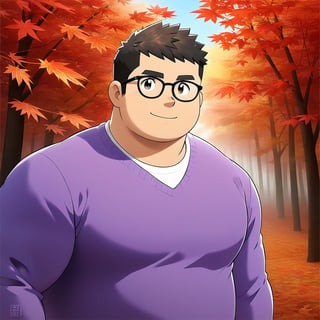((1male, solo, male focus, purple jumper, glasses)), (chubby:1.0), (bara:1.4), (stocky), short hair, crew cut, ((half body)), (cool, cute, awesome), round face, fall, maple leaf, outdoor, best quality, flat anime, masterpiece, best aesthetic, absurdres