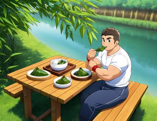 ((1male, solo, male focus, eating zongzi, rice dumplings, wooden dining table, riverside, bamboos, boats in river)), (bara:1.4), (chubby:1.0), (stocky), outdoor, ((t-shirt, long pants, colourful wrist string, red sachet)), (cool, awesome, crew cut), ((flat anime, best quality, best aesthetic, high res)),girl,masterpiece