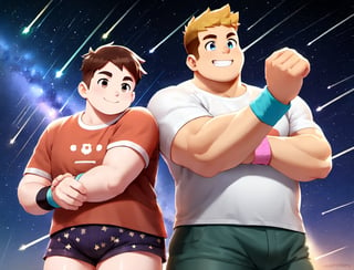 ((2boys, male focus, buddies, laughters)), (bara:1.3), (chubby:1.1), stocky, (round_face), ((t-shirt with patterns, trinket, wristband, short pants)), (night, starry sky, shooting stars), (cool, awesome, crew_cut), (close up), ((flat anime, best quality, best aesthetic, high res)),masterpiece