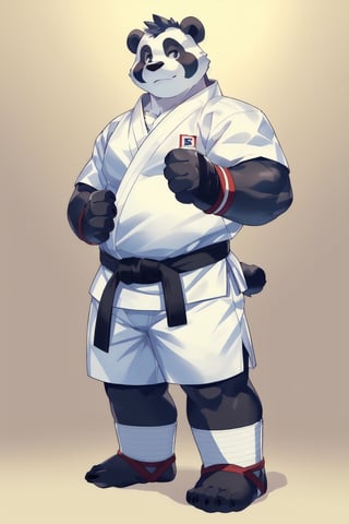 ((1boy, solo, panda with black arms black legs black feet), serious look), (chubby stocky:1.0), ((white karate gi)), barefoot, ((white pants)), (bara:1.4), buzz_cut, full body shot, ((cool, cute, awesome)), (blue fingerless gloves), (chubby_face:0.8), Male focus, best quality, masterpiece, (white ankle braces:1.4)