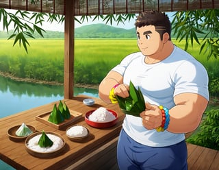 ((1male, solo, male focus, peeling off zongzi, rice dumplings, wooden dining table, riverside, bamboos, boats in river)), (bara:1.4), (chubby:1.0), (stocky), outdoor, ((t-shirt, long pants, colourful wrist string, sachet)), (cool, awesome, crew cut), ((flat anime, best quality, best aesthetic, high res)),girl,masterpiece