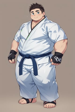 ((1boy_only, wearing ankle braces, (solo), his feet in blue ankle braces)), (chubby:1.2, bara stocky:1.5, round_face), ((white judo gi)), ((dougi)), ((long pants)), (buzz_cut:0.75), full body shot, ((cool, cute, awesome)), (fingerless gloves, ankle brace, foot wrap), (front_view), (chubby_face:0.8),male focus, standing_idle,best quality, masterpiece