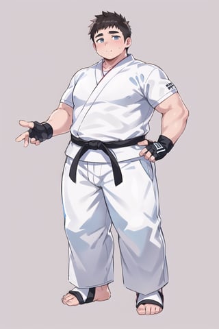 ((1boy_only, (solo), black foot protectors, foot wraps)), (chubby:1.5, stocky:1.2, round_face, blakc ankle braces), ((white judo gi)), ((dougi)), barefoot, ((long pants)), (bara:1.4), buzz_cut, full body shot, ((cool, cute, awesome)), (fingerless gloves), (front_view), (chubby_face:0.8),Male focus, standing_idle,ankle brace,foot protector