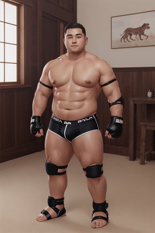 ((1boy_only, boxer, (solo), black ankle braces, foot wraps, barefoot)), (chubby:1.5, stocky:1.2, round_face, black ankle braces, topless), ((trunks)), (bara:1.7), buzz_cut, full body shot, ((cool, cute, awesome)), (fingerless gloves), (front_view), (chubby_face:0.8),Male focus, standing_idle,ankle brace,foot protector,best quality,toeless footwear,photorealistic,realistic