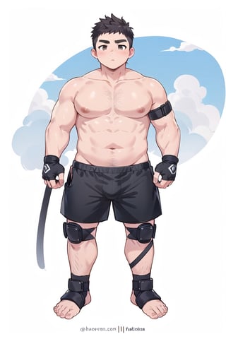 ((1boy_only, boxer, (solo), black foot protectors, foot wraps)), (chubby:1.5, stocky:1.2, round_face, black ankle braces, topless), ((boxer_shorts)), barefoot, (bara:1.5), buzz_cut, full body shot, ((cool, cute, awesome)), (fingerless gloves), (front_view), (chubby_face:0.8),Male focus, standing_idle,ankle brace,foot protector,best quality