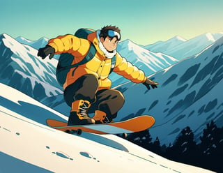 ((1male, solo, male focus, confident, snowboarding in air, Indy Grab, acrobatic)), (chubby:1.2), (bara:1.4), (stocky), ((snow jacket, woolen muffler, goggles on eyes, boots, snowboard)), short hair, crew cut, (cool, awesome), snow mountain background, best quality, ((flat anime, cartoon, masterpiece, best aesthetic, absurdres, highly detailed)), soft shaded