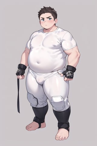 ((1boy_only, boxer, long pants, feet in foot protectors, solo)), (chubby:1.0, bara stocky:1.3, round_face, serious look), (buzz_cut:0.75), full body shot, ((cool, cute, awesome)), (fingerless gloves, (white foot protectors, foot wrap)), (front_view), (chubby_face:0.8),male focus, standing_idle,best quality, masterpiece,ankle brace,foot protector, intricate details