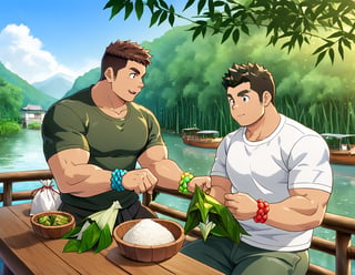 ((2boys, male focus, peeling off zongzi, rice dumplings, wooden dining table, riverside, bamboos, boats in river)), (bara:1.4), (chubby:1.0), (stocky), outdoor, ((t-shirt, long pants, colourful wrist string, sachet)), (cool, awesome, crew cut), ((flat anime, best quality, best aesthetic, high res, close up)),masterpiece