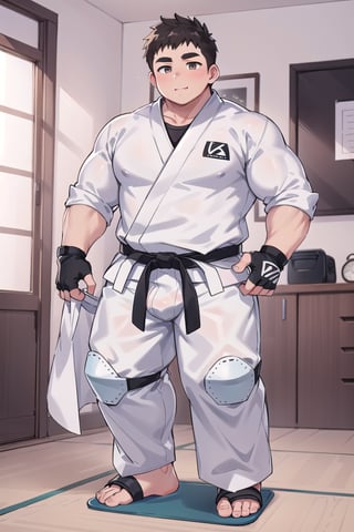 ((1boy_only, (solo), black foot protectors, foot wraps)), (chubby:1.5, stocky:1.2, round_face, black foot protector), ((white judo gi)), ((dougi)), barefoot, ((long pants)), (bara:1.5), buzz_cut, full body shot, ((cool, cute, awesome)), (fingerless gloves), (front_view), (chubby_face:0.8),Male focus, standing_idle,ankle brace,foot protector,best quality