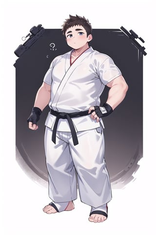 ((1boy_only, young, (solo), red foot protectors, foot wraps)), (chubby:1.5, stocky:1.2, round_face), ((white judo gi)), ((dougi)), barefoot, ((long pants)), (bara:1.3), buzz_cut, full body shot, ((cool, cute, awesome)), (fingerless gloves), (front_view), (chubby_face:0.8),Male focus, standing_idle,ankle brace,foot protector