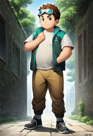 ((1male, solo, male focus)), (chubby:0.8), (bara:1.4), ((goggles on forehead, vest)), short hair, crew cut, ((full body)), (cool, awesome), ((flat anime, best quality, best aesthetic, high res)),man, masterpiece