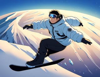 ((1male, solo, male focus, confident, snowskating, flying in air, Indy Grab)), (chubby:1.2), (bara:1.4), (stocky), ((snow jacket, muffler, wearing goggles, boots, snowboard)), short hair, crew cut, (cool, awesome), snow mountain background, best quality, ((flat anime, cartoon, masterpiece, best aesthetic, absurdres, highly detailed)), soft shaded