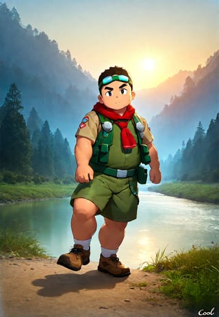 ((1boy, scout, solo, male focus)), (chubby:0.8), (bara:1.4), ((goggles on forehead, green vest, red neckerchief)), river bank, short hair, crew cut, ((full body)), (cool, awesome), ((flat anime, best quality, best aesthetic, high res, masterpiece))