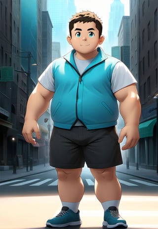 ((1male, solo, male focus)), (chubby:0.8), (bara:1.4), ((cyan vest, short pants, city)), short hair, crew cut, ((full body)), (cool, awesome), ((flat anime, best quality, best aesthetic, high res)),man, masterpiece
