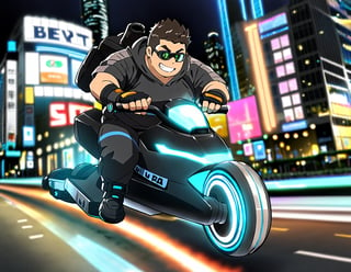 ((1male, solo, male focus, riding hoverbike, grin smile)), (bara:1.4), (chubby:1.0), stocky, outdoor, night, street, futuristic, neon stripes, goggles, fingerless gloves, long pants, (cool, awesome, crew cut), ((flat anime, best quality, best aesthetic, high res)),girl,masterpiece