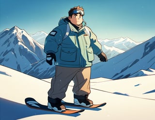 ((1male, solo, male focus, confident, ski in air, Indy Grab)), (chubby:1.2), (bara:1.4), (stocky), ((snow jacket, muffler, goggles, boots, snowboard)), short hair, crew cut, (cool, awesome), snow mountain background, best quality, ((flat anime, cartoon, masterpiece, best aesthetic, absurdres, highly detailed)), soft shaded