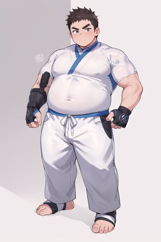 ((1male, fighter, long pants, feet in foot protectors, solo)), (chubby:1.0, bara stocky:1.3, round_face, serious look), (buzz_cut:0.75), full body shot, ((cool, cute, awesome)), (fingerless gloves, (white foot protectors, foot wrap)), (front_view), (chubby_face:0.8),male focus, standing_idle,best quality, masterpiece,ankle brace,foot protector, intricate details