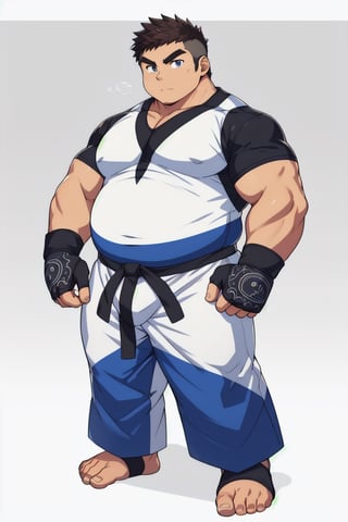 ((1male, fighter, long pants, feet in foot protectors, solo)), (chubby:1.0, bara stocky:1.3, round_face, serious look), (buzz_cut:0.75), full body shot, ((cool, cute, awesome)), (fingerless gloves, (white foot protectors, foot wrap)), (front_view), (chubby_face:0.8),male focus, standing_idle,best quality, masterpiece,ankle brace,foot protector, intricate details,Anime