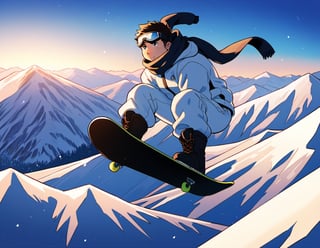 ((1male, solo, male focus, confident, snowboarding in air, Indy Grab, acrobatic)), (chubby:1.2), (bara:1.4), (stocky), ((snow jacket, woolen scarf, goggles on eyes, boots, snowboard)), short hair, crew cut, (cool, awesome), snow mountain background, best quality, ((flat anime, cartoon, masterpiece, best aesthetic, absurdres, highly detailed)), soft shaded