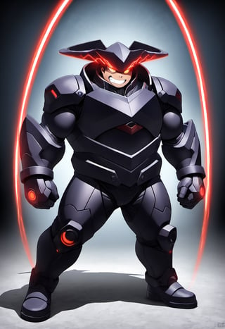 ((1boy, solo, male focus, red glowing eyes, gritting teeth, grin, villain, dark energy arc)), (bara:1.4), (chubby:1.2), (stocky), (round_face), ((dark tech armor, gauntlet)), (shadow aura), (cool, awesome, short hair, full body shot), ((flat anime, best quality, best aesthetic, high res)),masterpiece